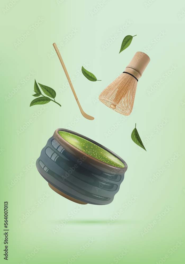 Poster Realistic Detailed 3d Elements Japanese Matcha Tea Ceremony Concept on a Green for Tea House and Tea Shop. Vector illustration