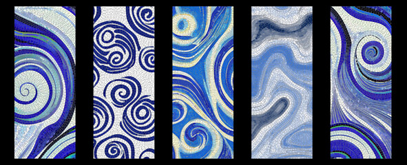 Set of blue mosaic artwork backdrops - vector design of ancient  mosaic pavement graphic templates kit

