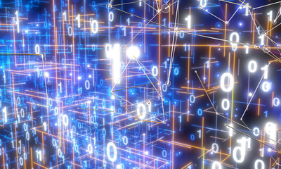 Neural network 3D illustration. Big data and cybersecurity - connection