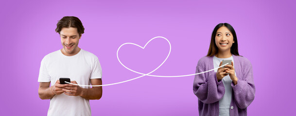 Multicultural Couple Texting On Smartphones Connected With Drawn Heart Shape String