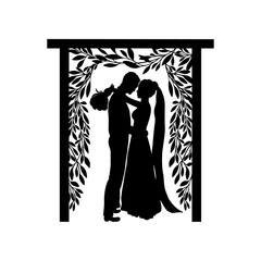 Bride and groom Wedding couple vector illustration, Love silhouettes, Wedding square arch, Love frame Mr and Mrs, New family Marriage, Engagement