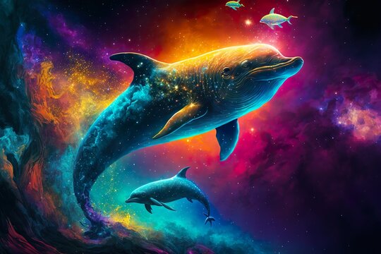 A Painting Of Two Dolphins Swimming In The Ocean, An Airbrush Painting, Cgsociety, Space Art, Seapunk, Behance Hd, Psychedelic.