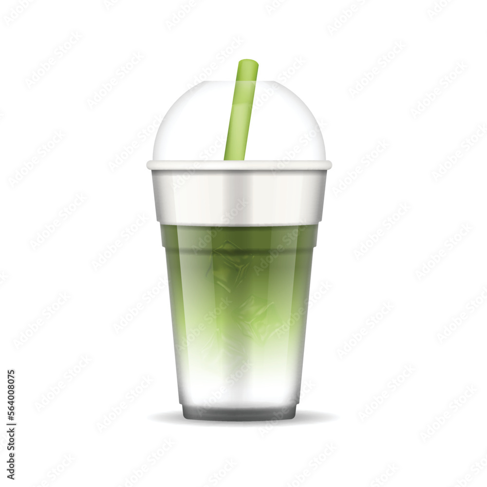 Wall mural Realistic Detailed 3d Japanese Matcha Latte in Takeaway Plastic Cup with Cap Isolated on a White Background. Vector illustration