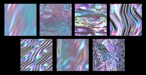 Set of unicorn holographic light tissue patterns textures - iridescent rainbow hologram silk material background - obrazy, fototapety, plakaty
