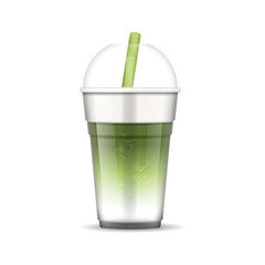 Realistic Detailed 3d Japanese Matcha Latte in Takeaway Plastic Cup with Cap Isolated on a White Background. Vector illustration