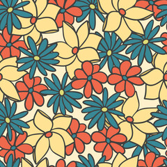 Retro Vintage Bright Colorful Flowers, Floral Hand Drawn Seamless Pattern