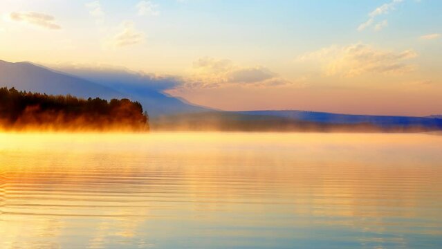 beautiful landscape with mountains and lake at dawn in golden blue and orange tones. Loop Animation