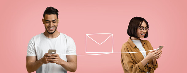 Happy Young Man And Woman Chatting Online Via Messengers On Smartphones