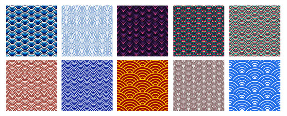Set of seamless traditional Japanese folk seigaiha pattern textures - sea wave continuous surface background
