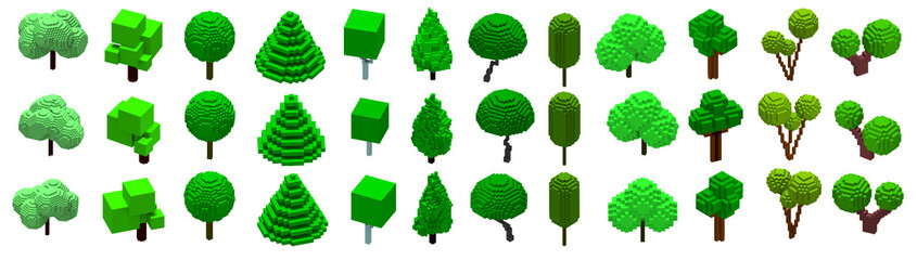 Set of isometric voxel trees  - 3D low poly tree crown elements collection
