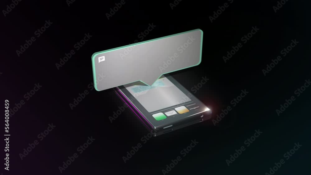 Poster chat app opened on smartphone on glass black table. text window as placeholder
