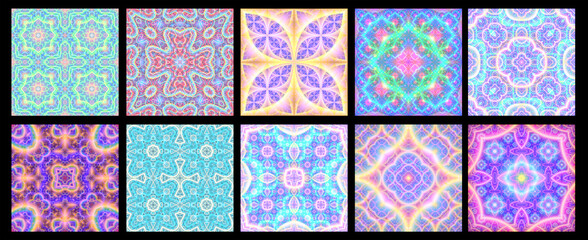 Set of seamless astral pattern textures - tiled mystical fractal background
