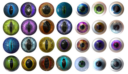Set of human and animal eyes -  eyeballs, pupils, iris elements
