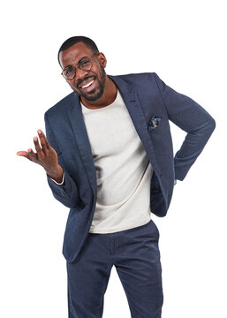 Confused, question and portrait of black man or businessman isolated against a studio white background. Wtf, huh and corporate professional employee, worker or entrepreneur asking gesture