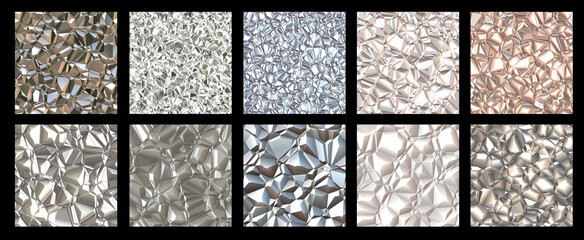 Set of seamless low poly crystal textures - tiled polygonal crystalline background
