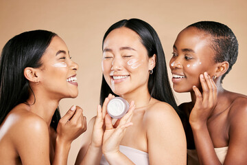 Women, skincare cream and beauty friends with diversity for dermatology or cosmetic container. Asian and black people group happy about skin glow, spa facial and face advertising self care product