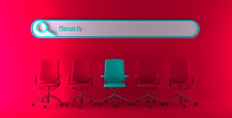 Obraz premium Searching for a new job opportunity. Office chair with blank search bar. Recruitment concept. We are hiring concept. 3D Rendering.