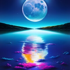 Teal blue moon with lake showing shadow and green trees on both sides at night time illustration. AI art