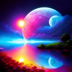 Vibrant moon with lake and greenery at night time dreamy illustration. AI art