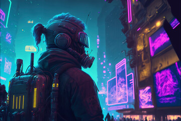 Fototapeta na wymiar Ghostbuster woman in the cyberpunk city, futuristic city, neon lights of the metropolis, generative AI