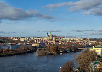 Panoramic view from above of the Vltava River if Prague old city center