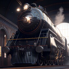 Steam locomotive inside a domed train station