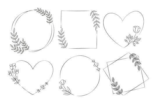 Set of 6 hand-drawn doodle style frames decorated with floral elements. Vector line art.