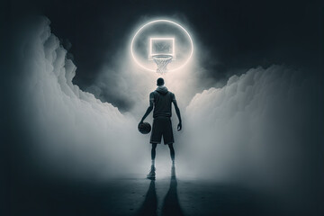 Generative AI Illustration of a basketball player looking at the basket at night on a foggy basketball court