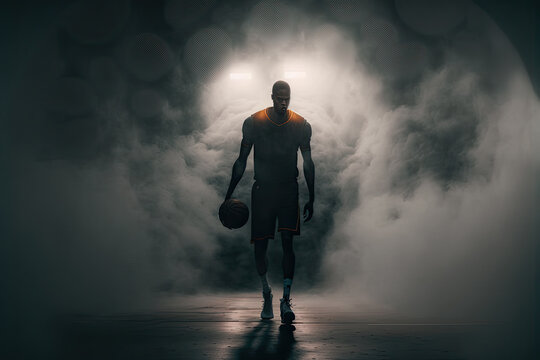 Generative AI Illustration of a basketball player walking in a foggy day with ball in his hand 