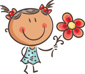 Cute little girl with flowers in her hand. Nature love. Vector illustration