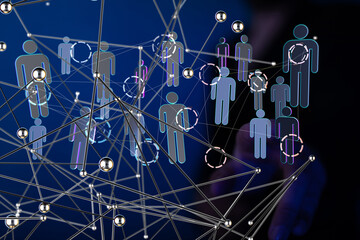 holding 3D rendering group of blue people - connection