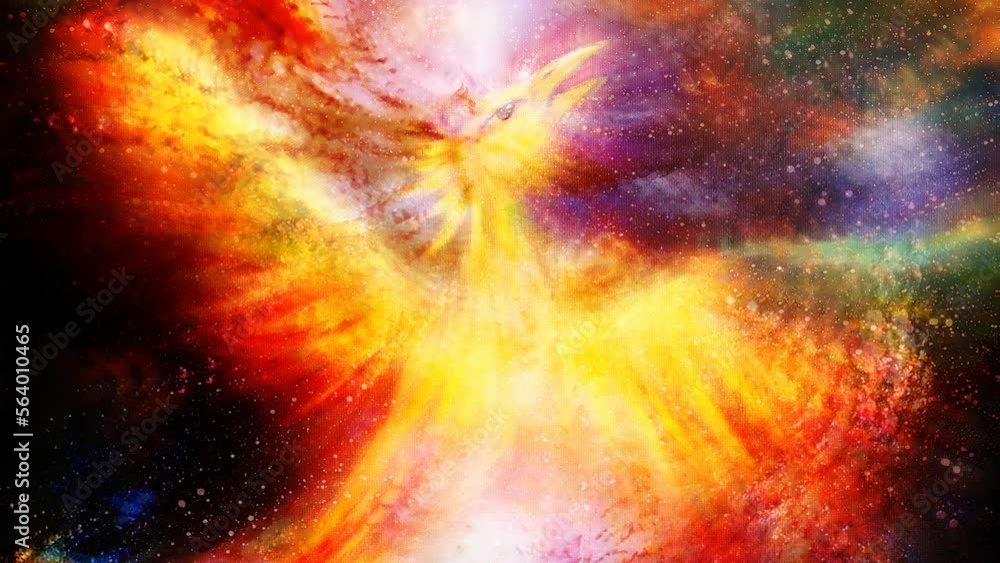 Poster Flying phoenix bird as symbol of rebirth and new beginning in cosmic space. Loop Animation