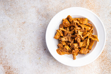 chanterelles mushrooms marinated aperitif food fresh meal food snack on the table copy space food background rustic top view