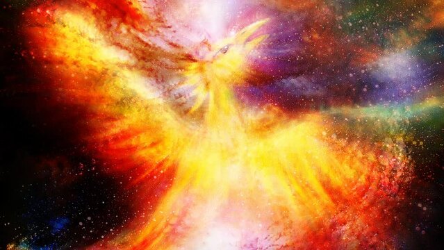 Flying phoenix bird as symbol of rebirth and new beginning in cosmic space. Loop Animation