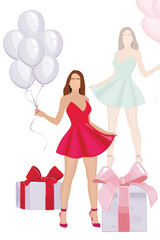 Valentine's Day element, Woman with balloons and gift. Valentines Day design concept