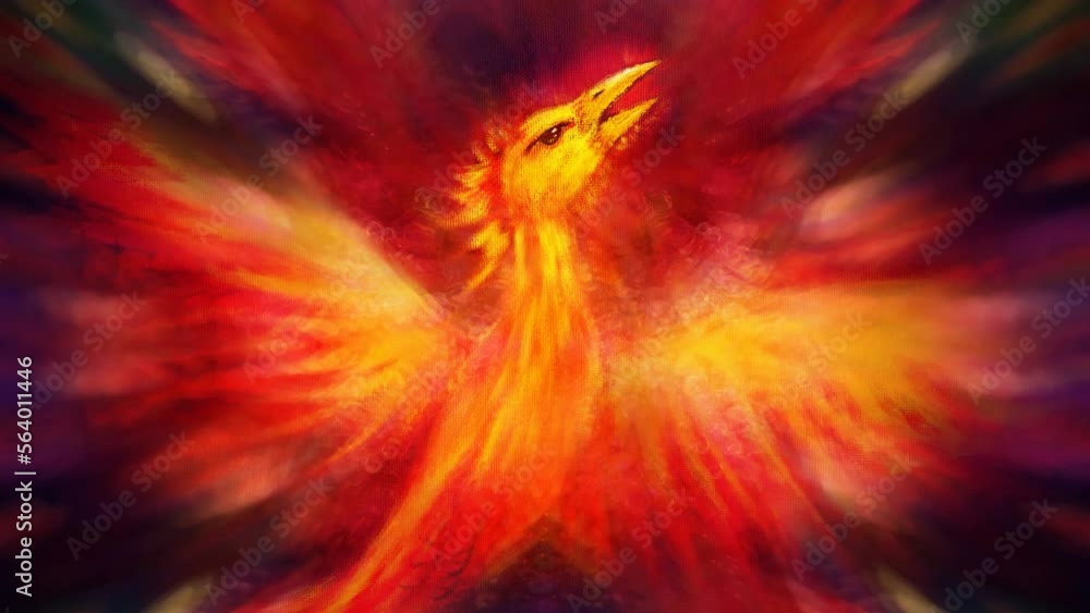 Poster Flying phoenix bird as symbol of rebirth and new beginning. Loop Animation