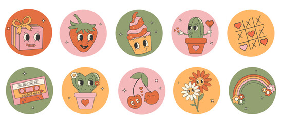 Trendy comic groovy valentines day sticker set. Cute and funny characters. 70s 60s aesthetics.