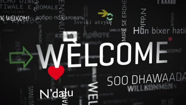 Welcome text surrounded by greetings in different languages in cloud on black background, motion graphics animation