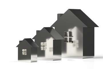 3d illustration. Three gray houses of different sizes on a white background. 