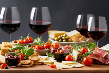 Italian antipasti wine snack set. Variety of cheeses, Mediterranean olives, pickles, Prosciutto di Parma, tomatoes, artichokes and wine in glasses