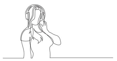 continuous line drawing vector illustration with FULLY EDITABLE STROKE of woman in t shirt relaxing listening music in headphones
