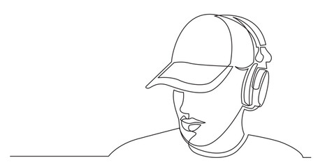 continuous line drawing vector illustration with FULLY EDITABLE STROKE of young man in hat listening music in headphones