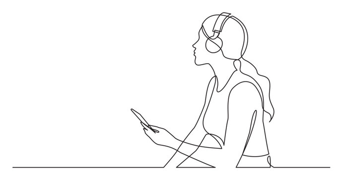 Continuous Line Drawing Vector Illustration With FULLY EDITABLE STROKE Of Woman Holding Phone Listening Music In Headphones