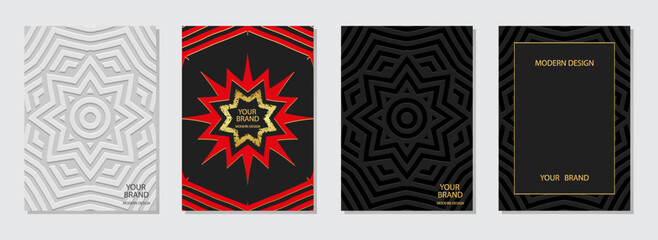 Set of ethnic covers, vertical templates in boho style. Decorative collection of relief geometric backgrounds with 3D pattern, doodle and zentangle technique, tribal golden texture. Press paper.