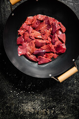 Sliced raw liver in a saucepan. 