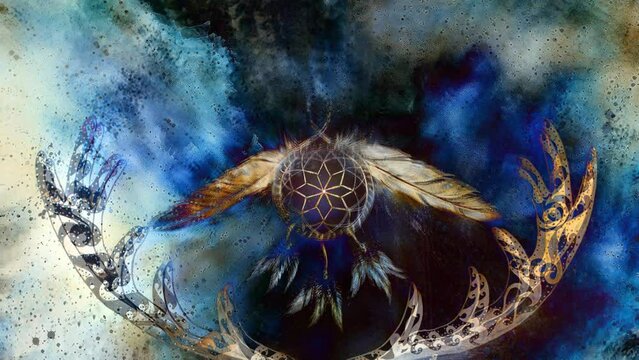 dream catcher in cosmic space, feathers and ornaments, Indian spirit. Loop Animation