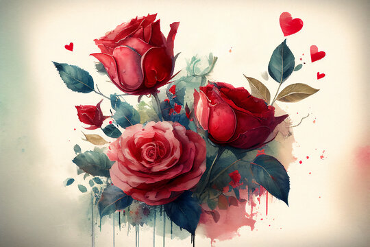 Valentine's Day watercolour, with romantic red rose bouquet and love hearts for possible use as a romance Valentine greeting card or graphic, computer Generative AI stock illustration image