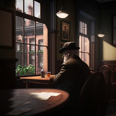 Lonely man having a drink inside an Irish pub, looking outside