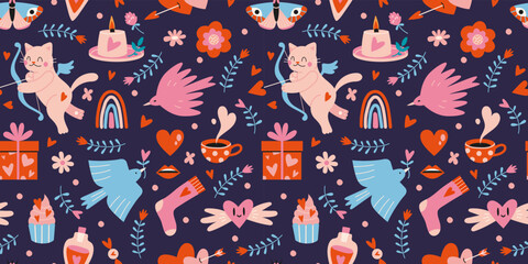 Saint Valentine's seamless pattern with cute romantic elements on a dark background, cartoon style. Trendy modern vector illustration, hand drawn, flat
