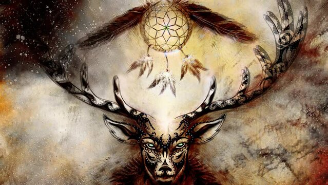 sacred ornamental deer spirit with dream catcher symbol and feathers in cosmic space. Loop Animation